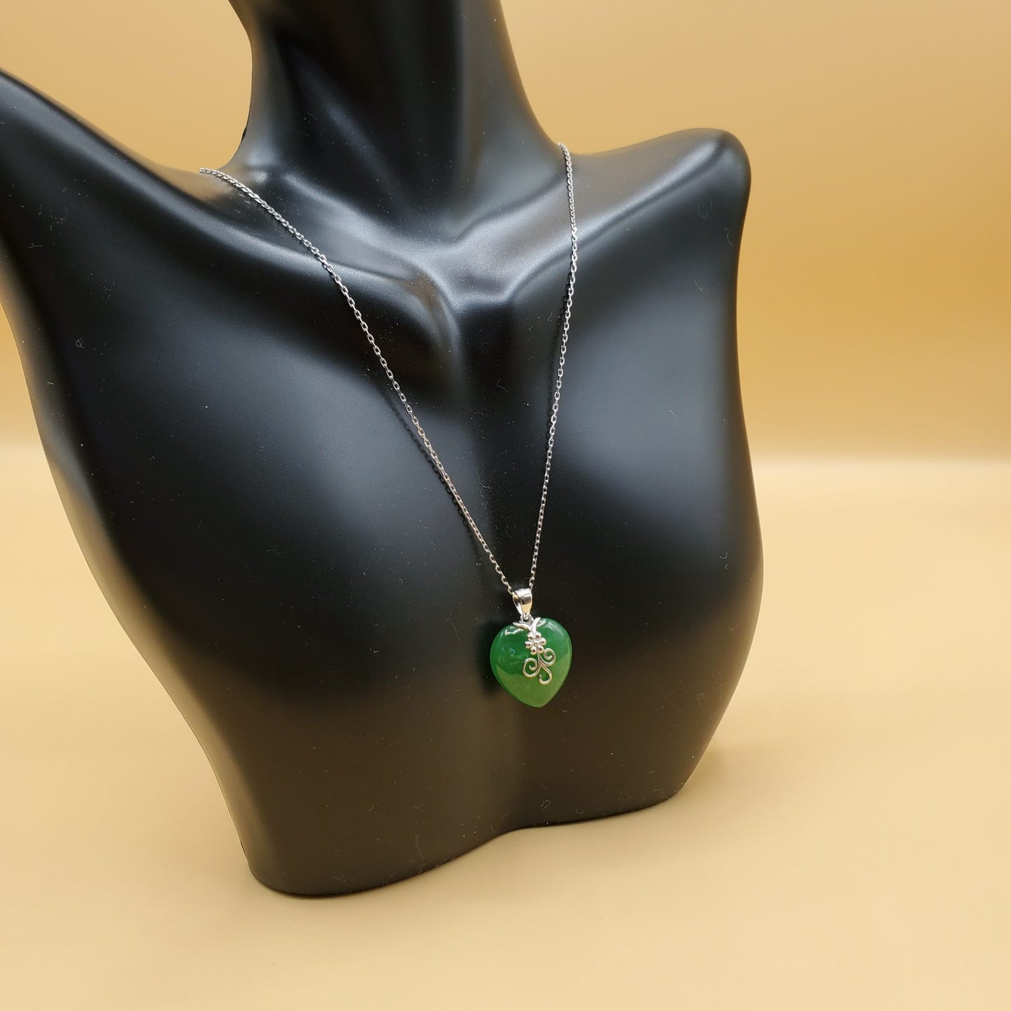 Jade and Sterling Silver Heart Pendant Necklace