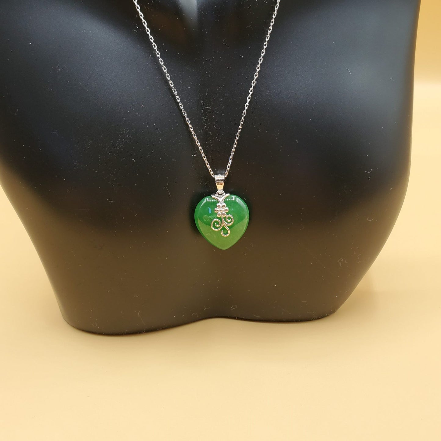 Jade and Sterling Silver Heart Pendant Necklace