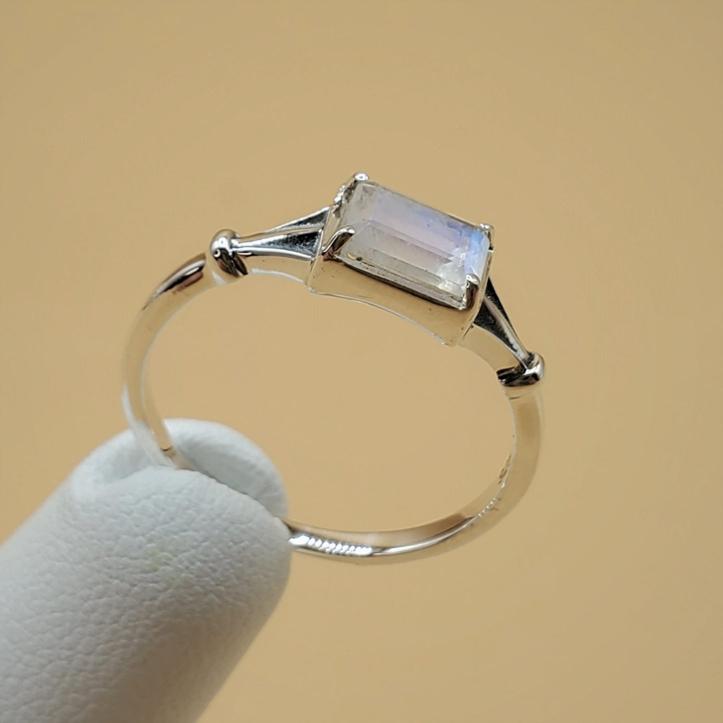 Delicate Baguette Cut Moonstone Ring