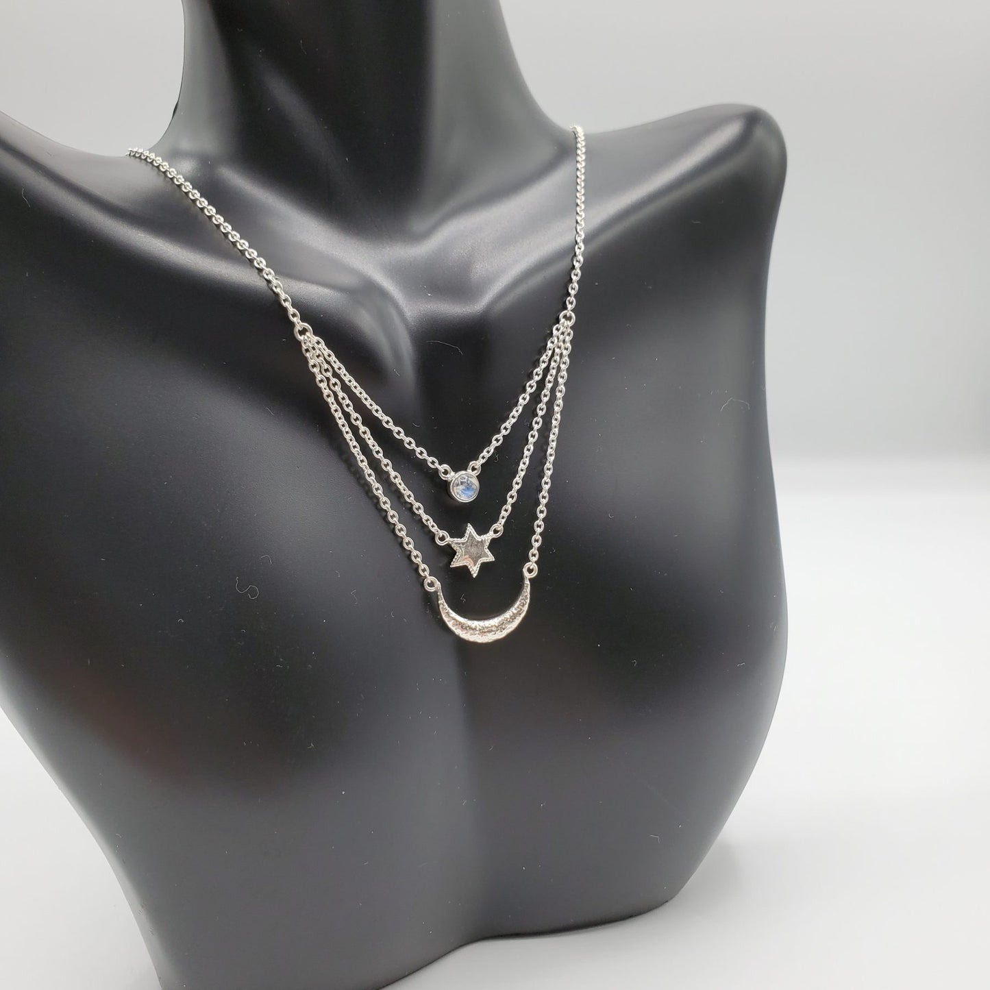 Sterling Silver moonstone layered necklace in the Boho Style