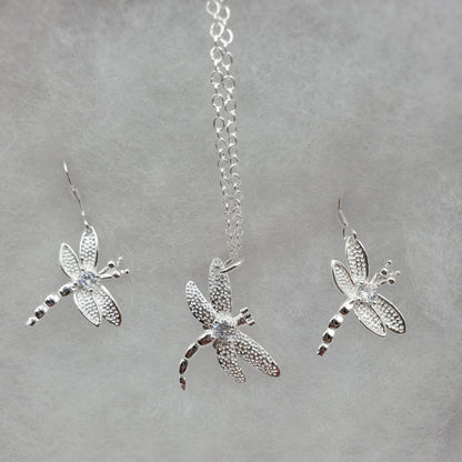 Silver Dragonfly necklace and earring set