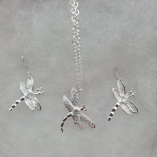 Silver Dragonfly necklace and earring set