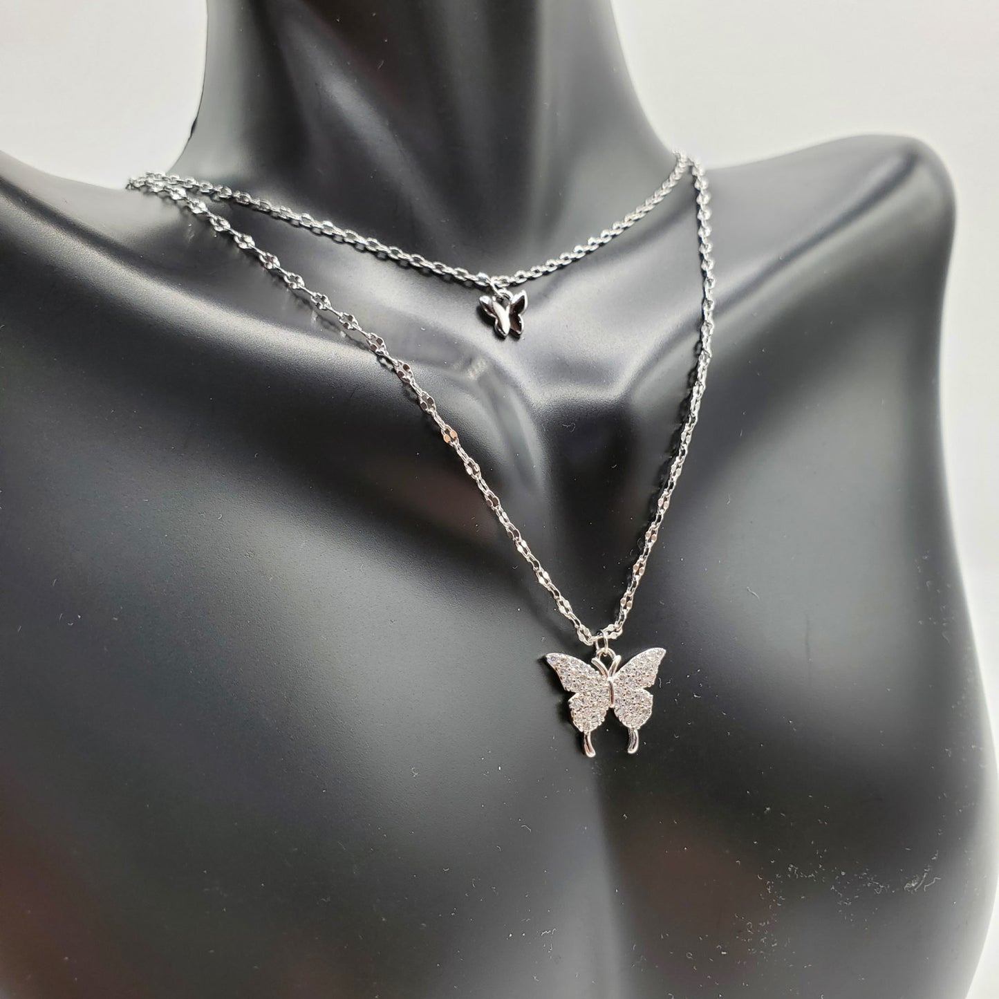 Delicate . 925 Sterling Silver double layered Butterfly Necklace