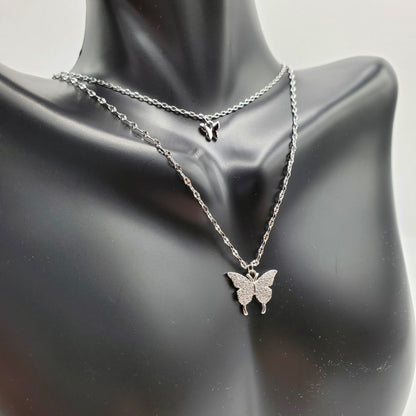 . 925 Sterling Silver Double Layer Butterfly Necklace