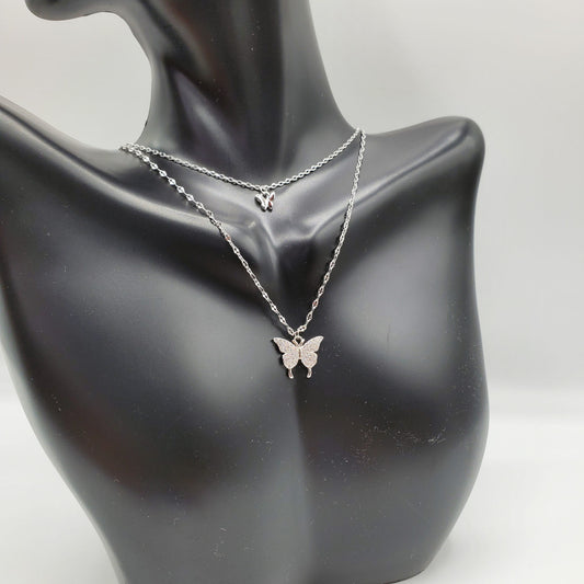 . 925 Sterling Silver Double Layer Butterfly Necklace
