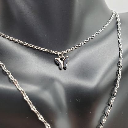 Delicate . 925 Sterling Silver double layered Butterfly Necklace