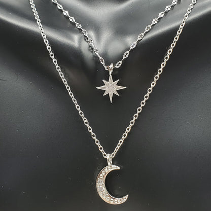 Layered Star Moon 925 Sterling Silver Cubic Zirconia Clavicle Chain Necklace