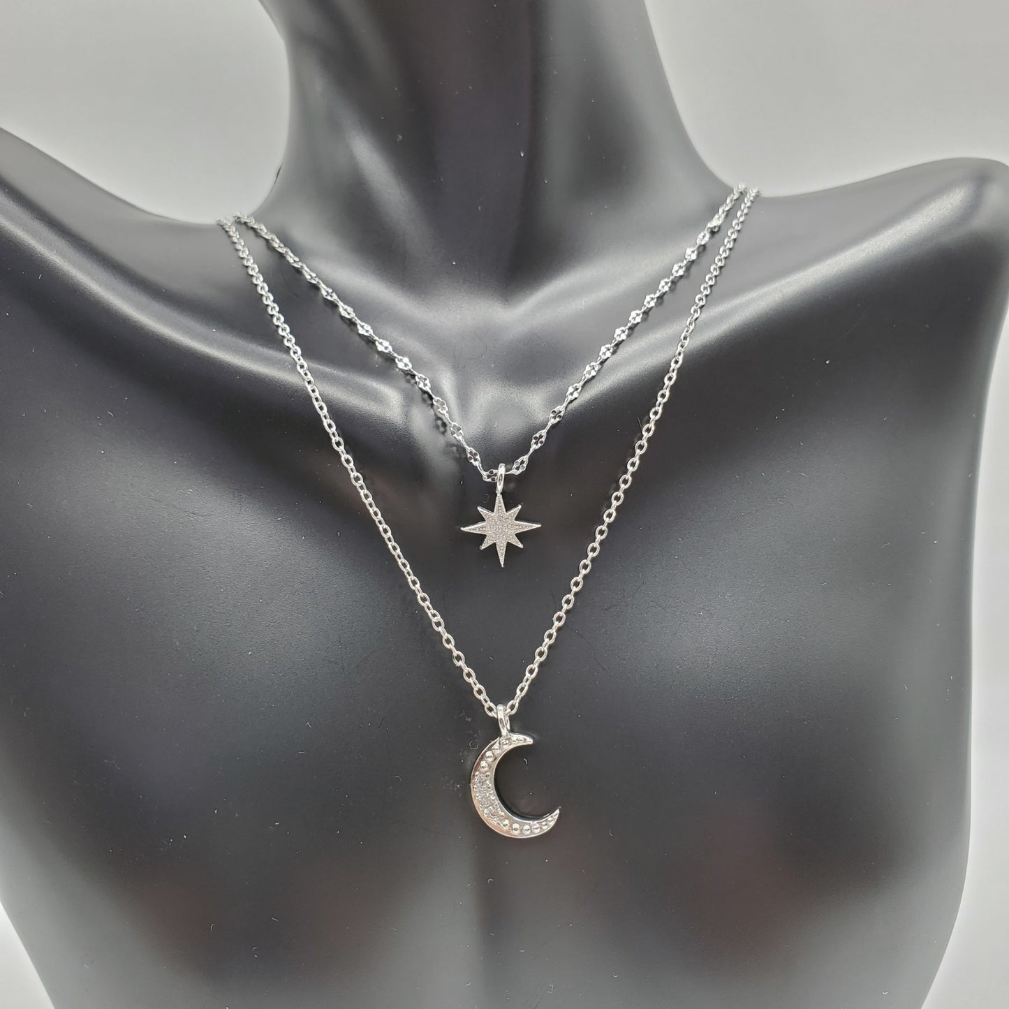 Layered Star Moon 925 Sterling Silver Cubic Zirconia Clavicle Chain Necklace