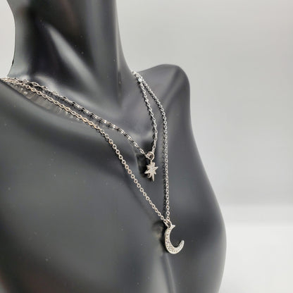 Layered Star Moon 925 Sterling Silver Cubic Zirconia Clavicle Chain Necklace