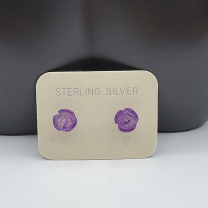 Delicate Hand Carved Amethyst Rose Bud Stud Earrings.