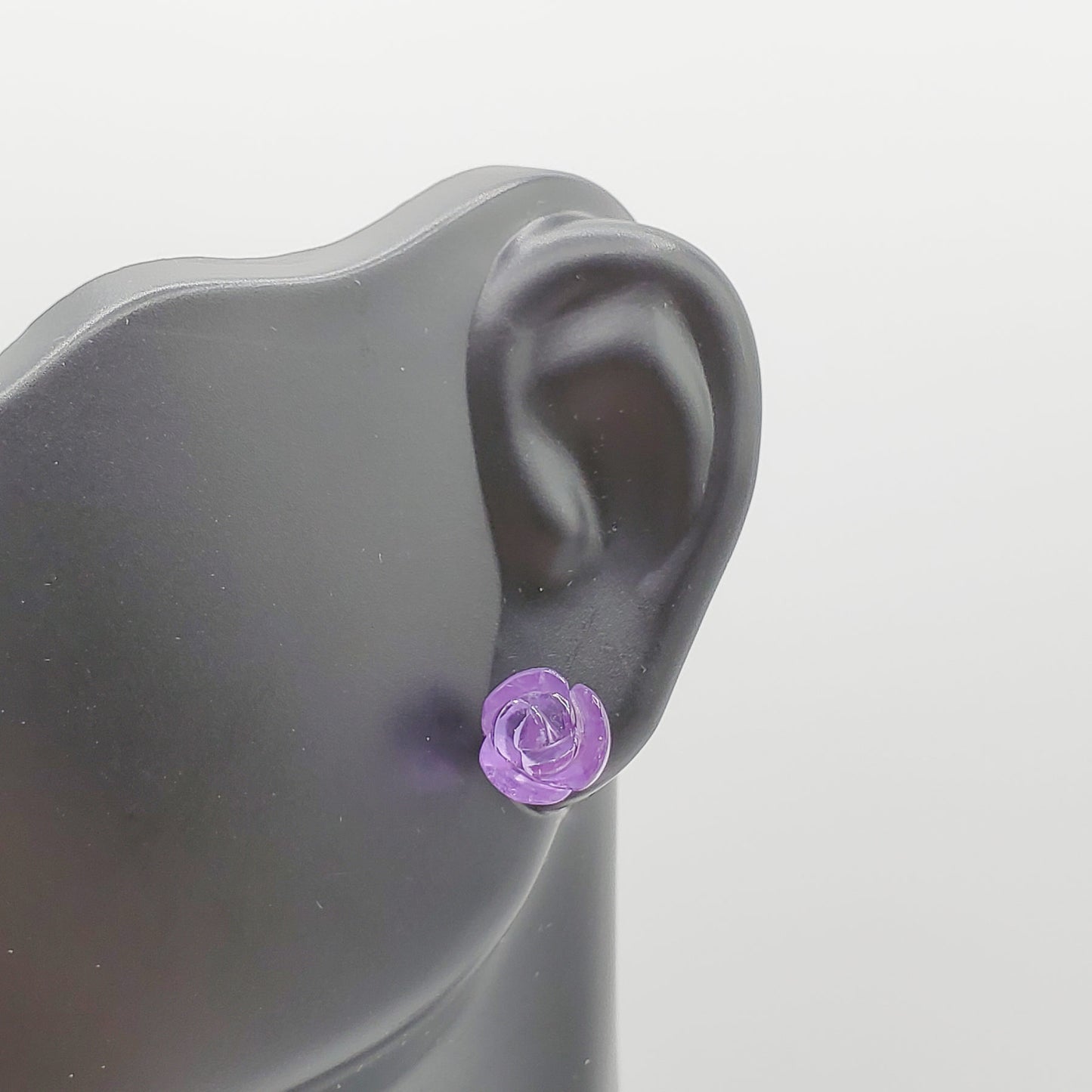 Delicate Hand Carved Amethyst Rose Bud Stud Earrings.