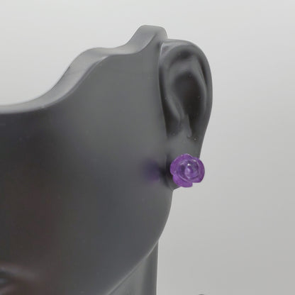 Delicate Hand Carved Amethyst Rose Bud Stud Earrings.