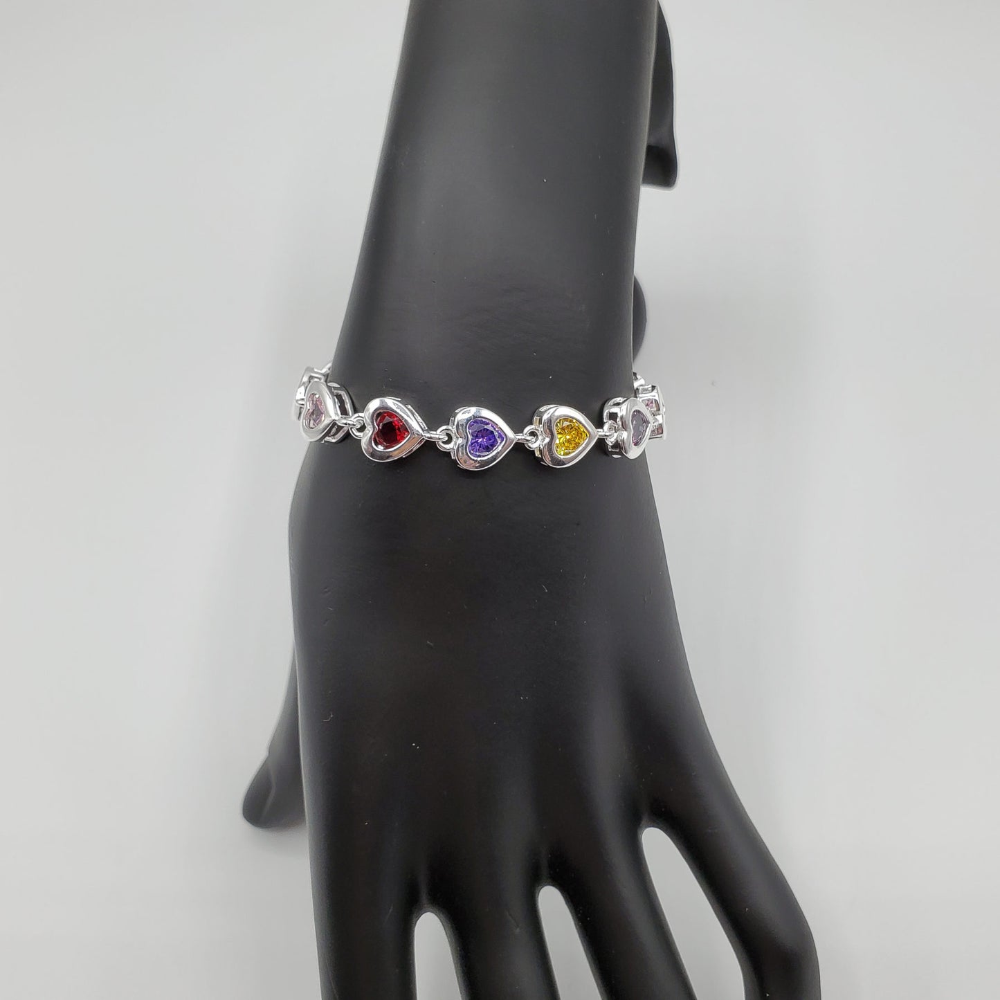 .925 Sterling Silver 8mm heart bracelet set with garnet, amethyst, pink and citrine crystals