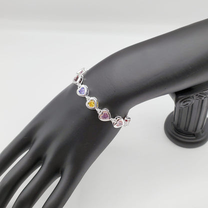 .925 Sterling Silver 8mm heart bracelet set with garnet, amethyst, pink and citrine crystals