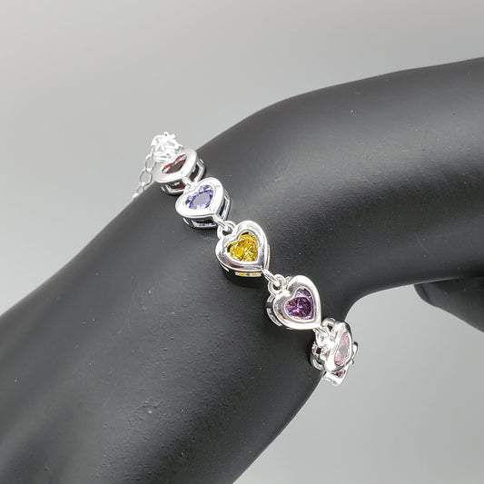 .925 Sterling Silver 8mm heart bracelet set with garnet, amethyst, pink and citrine crystals