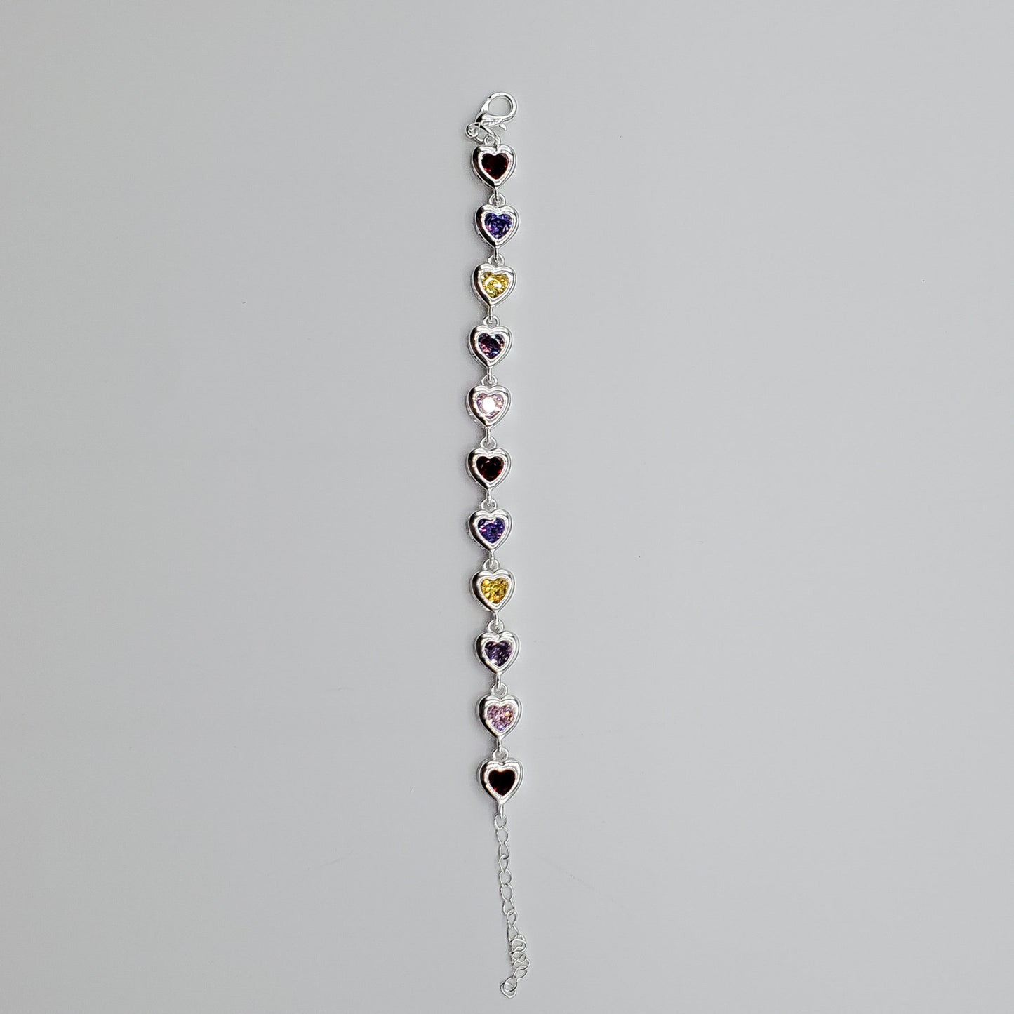 .925 Sterling Silver 8mm heart bracelet set with garnet, amethyst, pink and citrine crystals