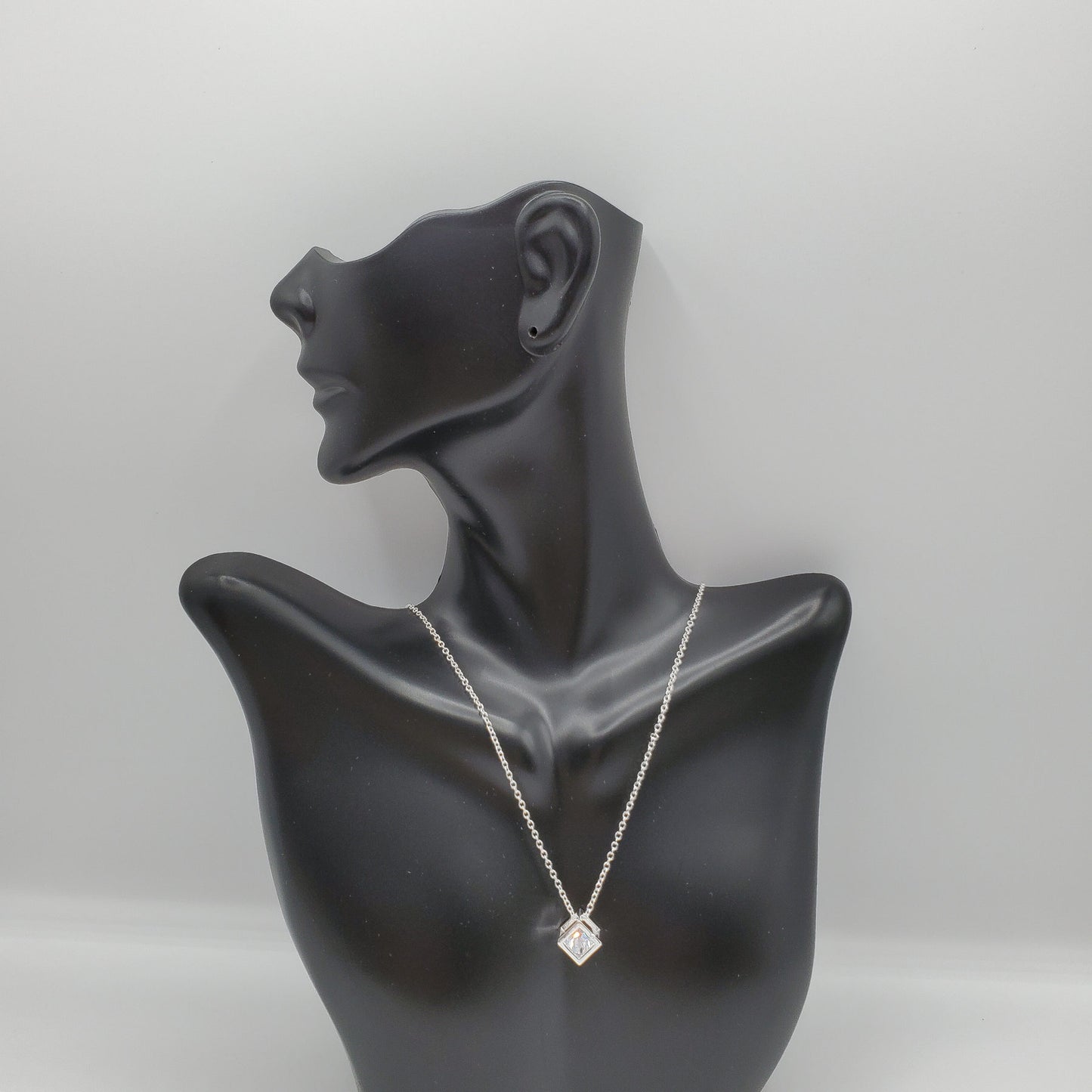 Classic hollow square .925 Sterling Silver Necklace with an 8mm crystal floating solitaire