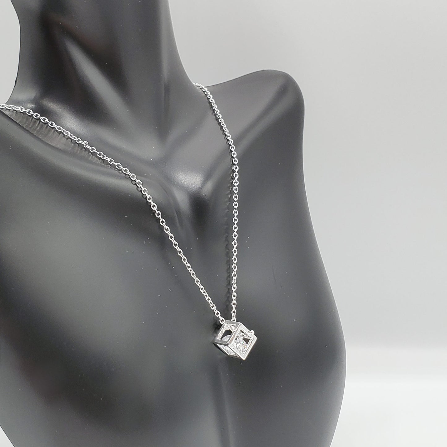 Classic hollow square .925 Sterling Silver Necklace with an 8mm crystal floating solitaire