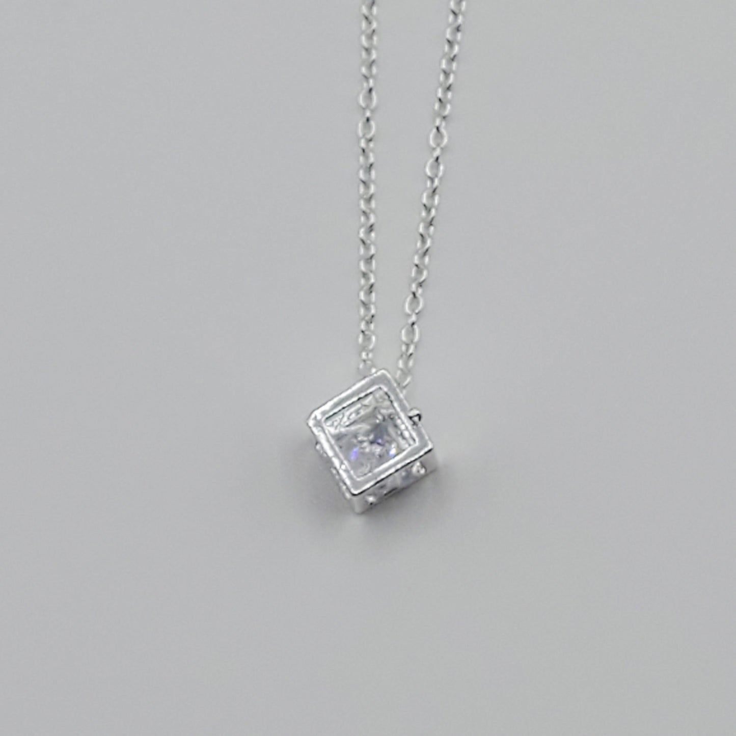 Classic hollow square .925 Sterling Silver Necklace with an 8mm crystal floating solitaire