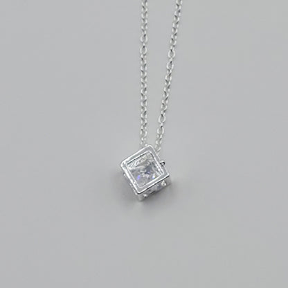 Classic hollow square .925 Sterling Silver Necklace with an 8mm crystal floating solitaire