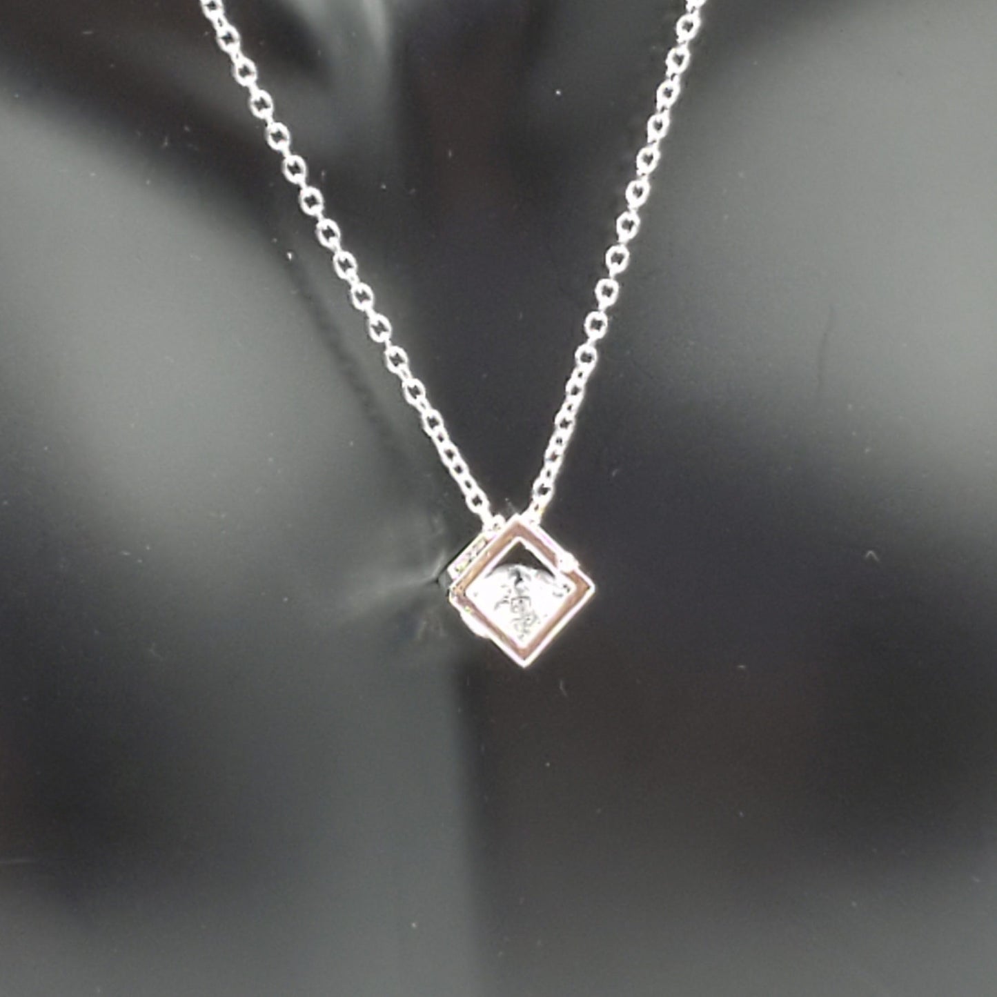 Classic hollow square .925 Sterling Silver Necklace with an 8mm crystal floating solitaire