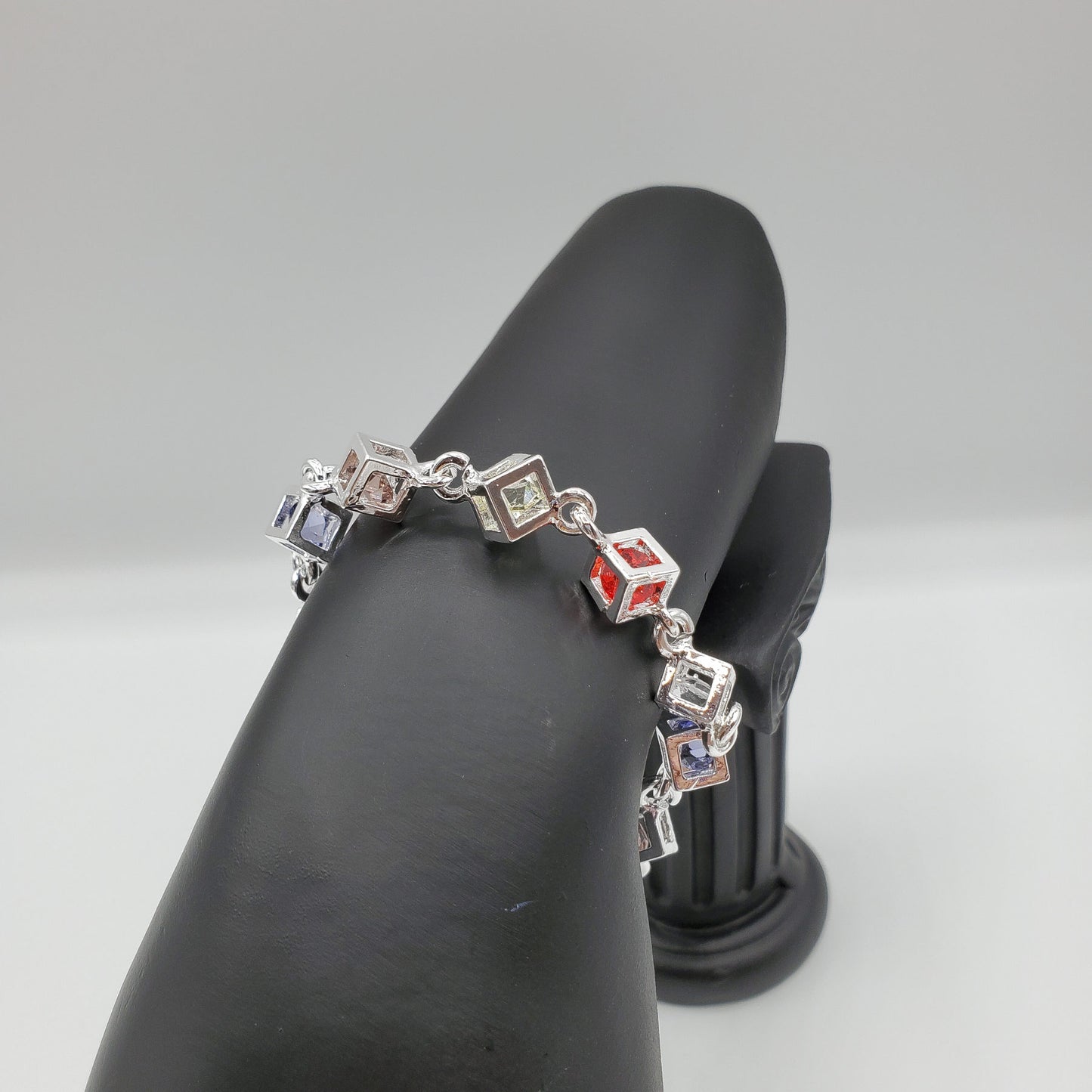 .925 Sterling Silver Cube Bracelet with multi colored crystals