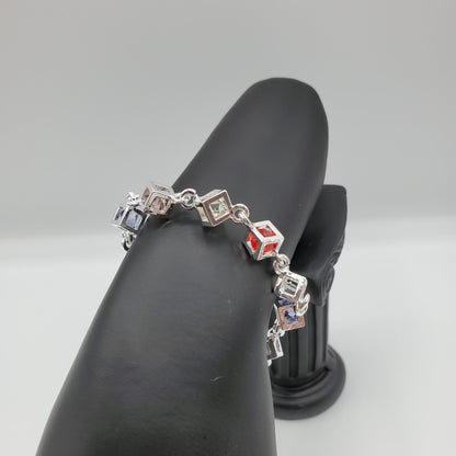 .925 Sterling Silver Cube Bracelet with multi colored crystals