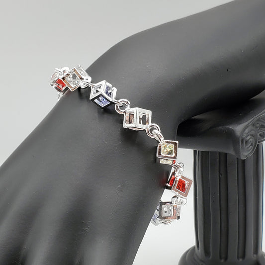 .925 Sterling Silver Cube Bracelet with multi colored crystals