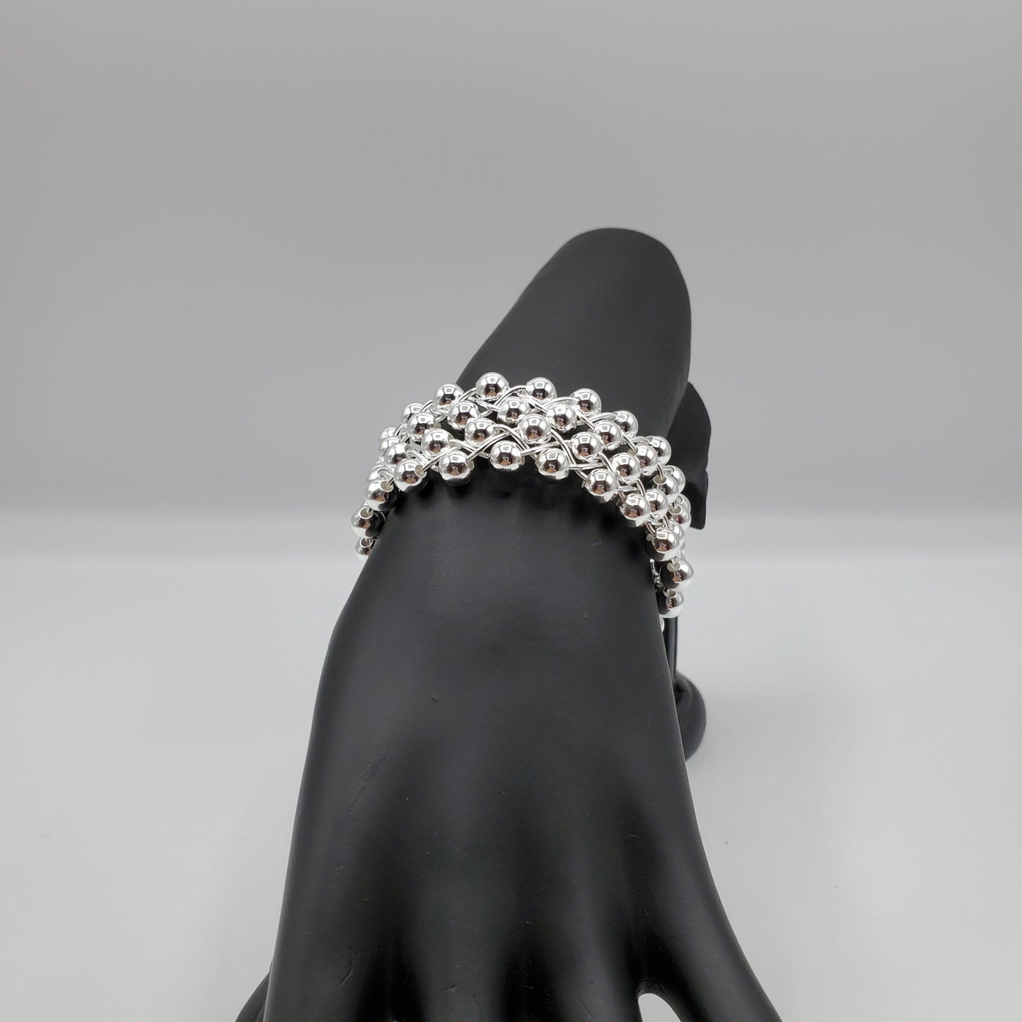 .925 Sterling Silver Grape Beads Open Cuff Bangle.