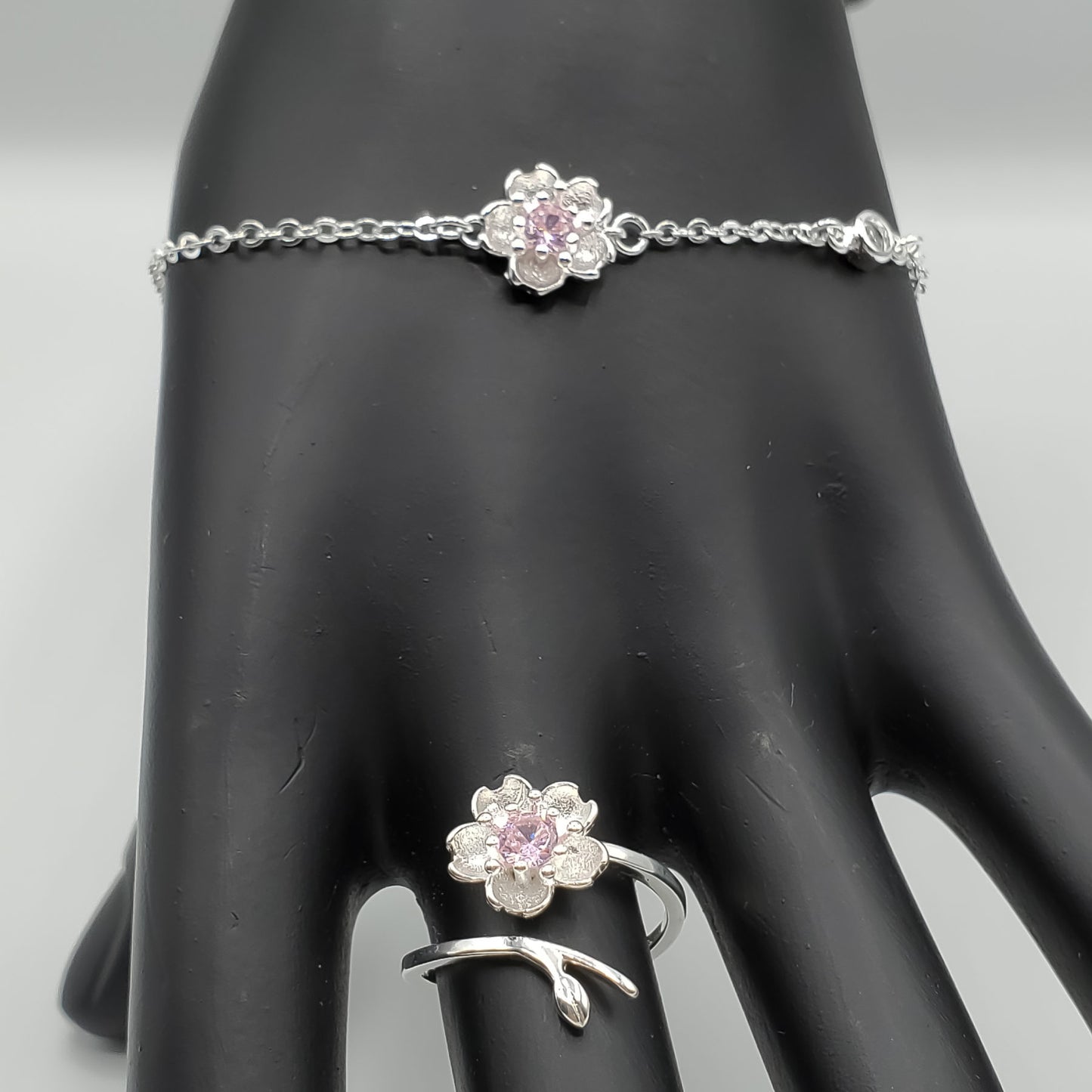 .925 Sterling Silver Jewelry Set of Cherry Blossoms