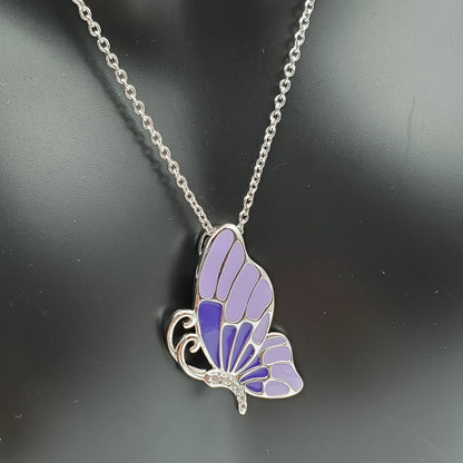 .925 Sterling Silver butterfly necklace with purple inlay