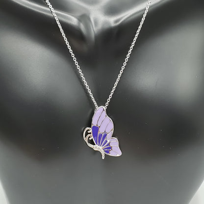 .925 Sterling Silver butterfly necklace with purple inlay