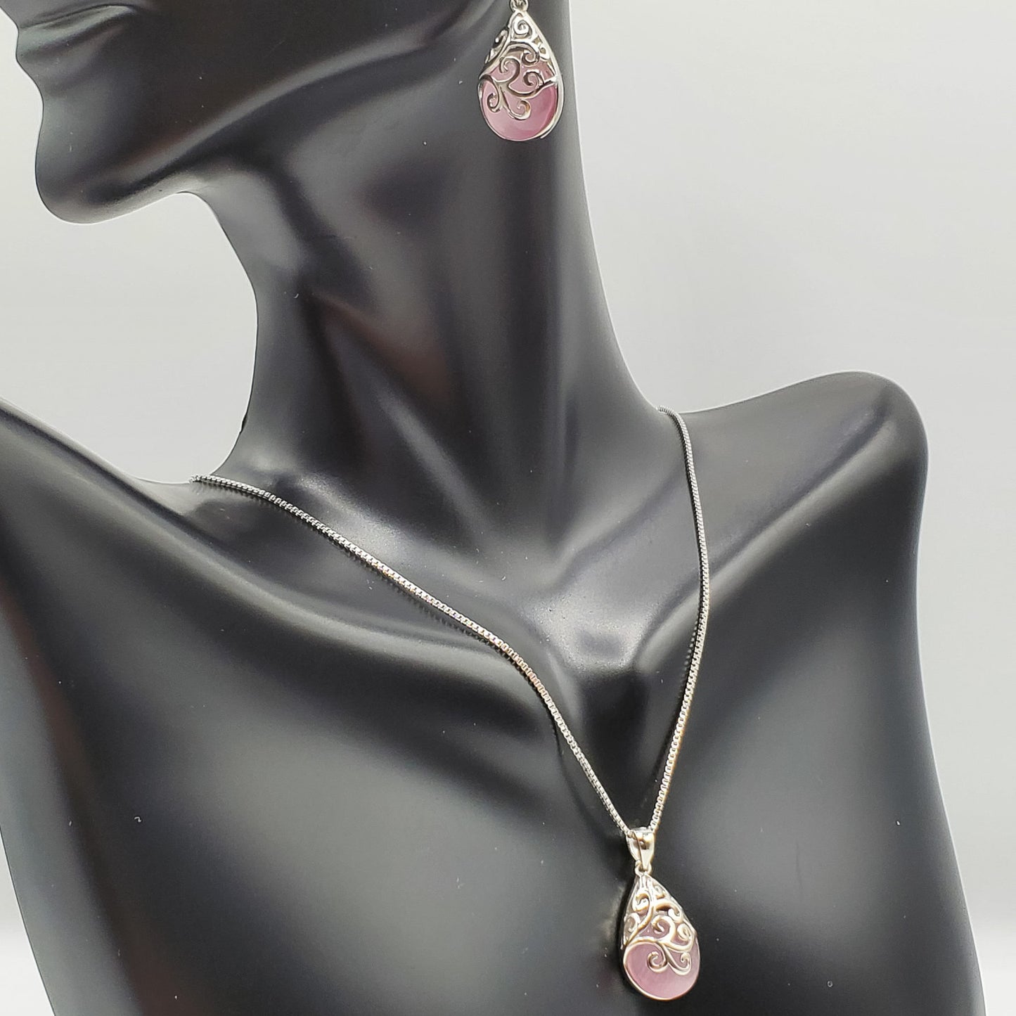 .925 Sterling Silver jewelry set with pink moonstone opal tears