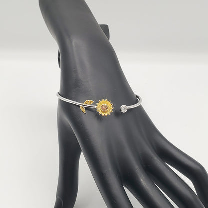 .925 Sterling Silver adjustable Sunflower cuff bangle bracelet