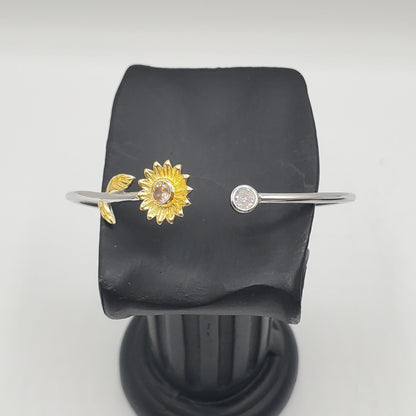 .925 Sterling Silver adjustable Sunflower cuff bangle bracelet