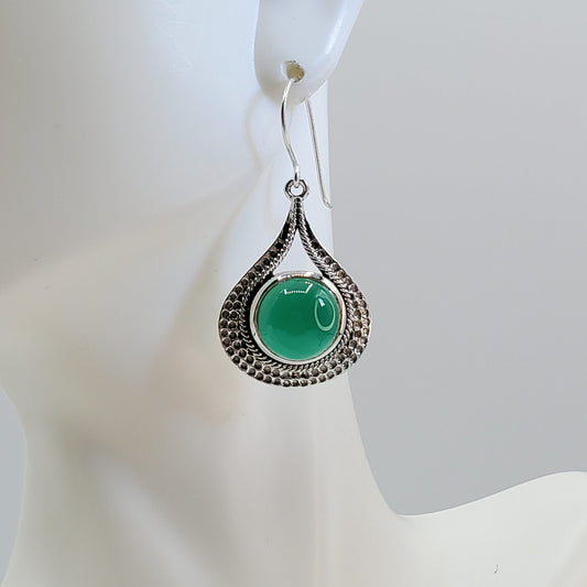 Bali Style Green Onyx Dangle Earrings