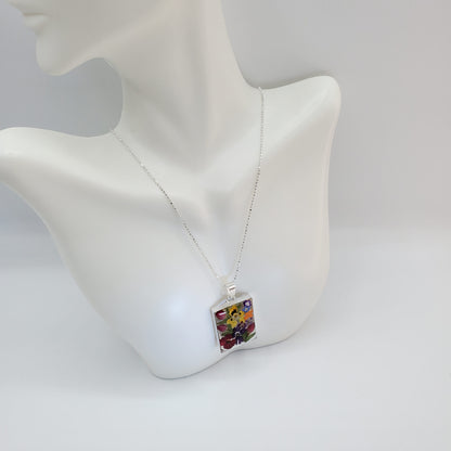 Rectangular Resin Flower Pendant with chain