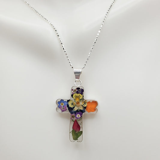 Flower filled Cross Pendant with chain