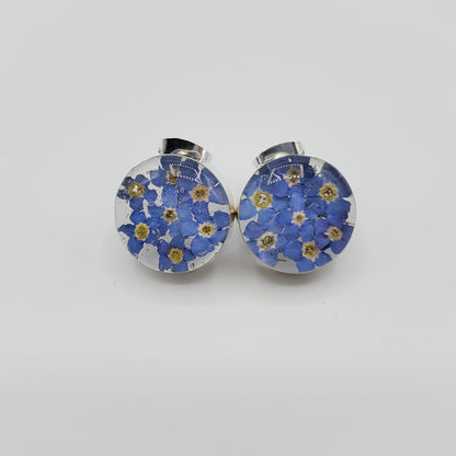 Small round blue bonnet flower stud earrings.