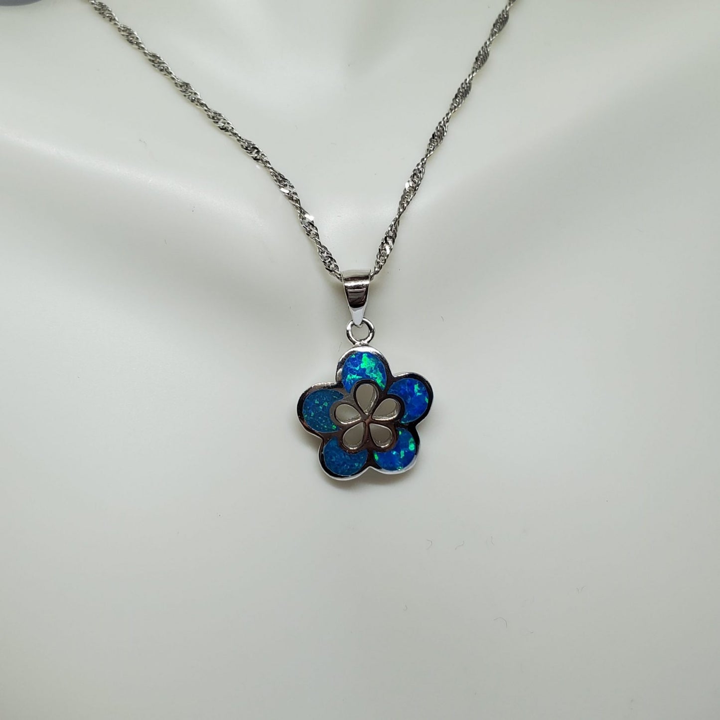 Delicate Blue Opal Plumeria Flower Pendant