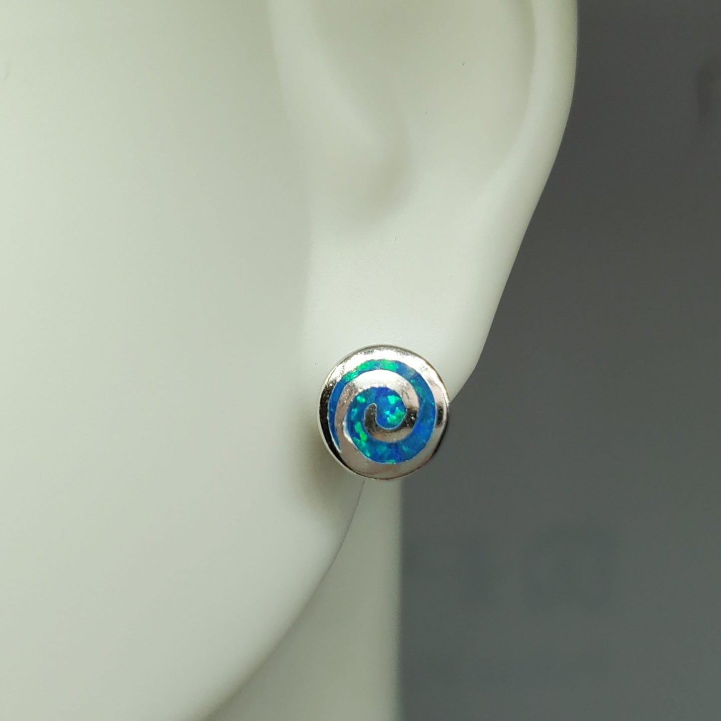 Minimalist Round Blue Opal Swirl Earring Stud