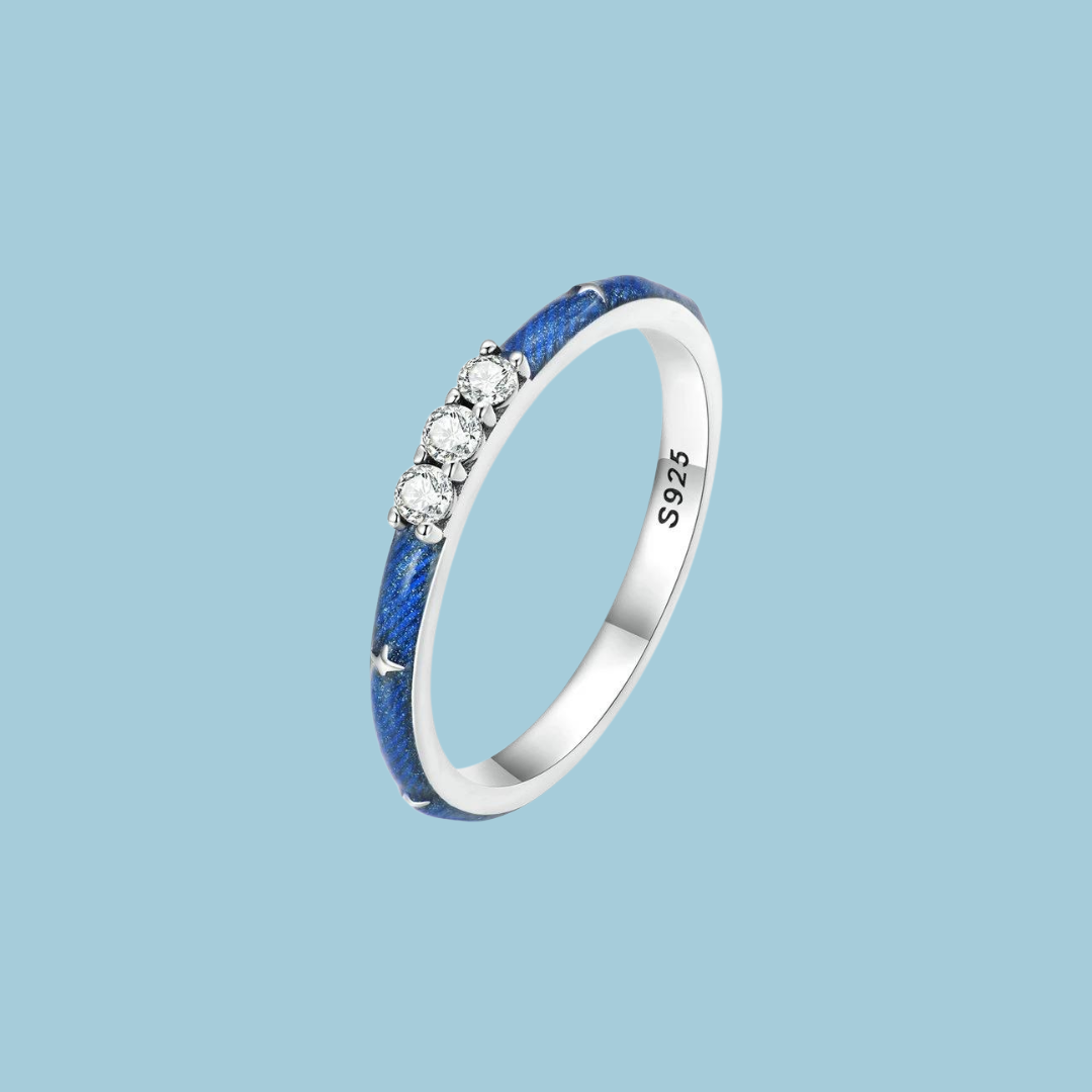 Blue enameled ring with crystal center accent stones