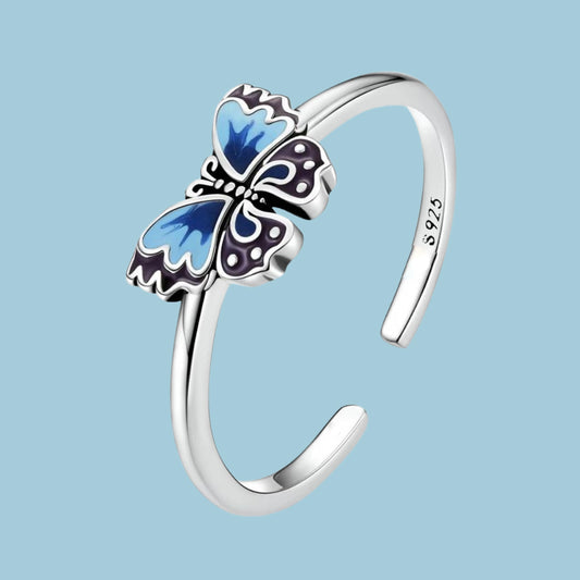 Sterling silver blue enameled butterfly ring