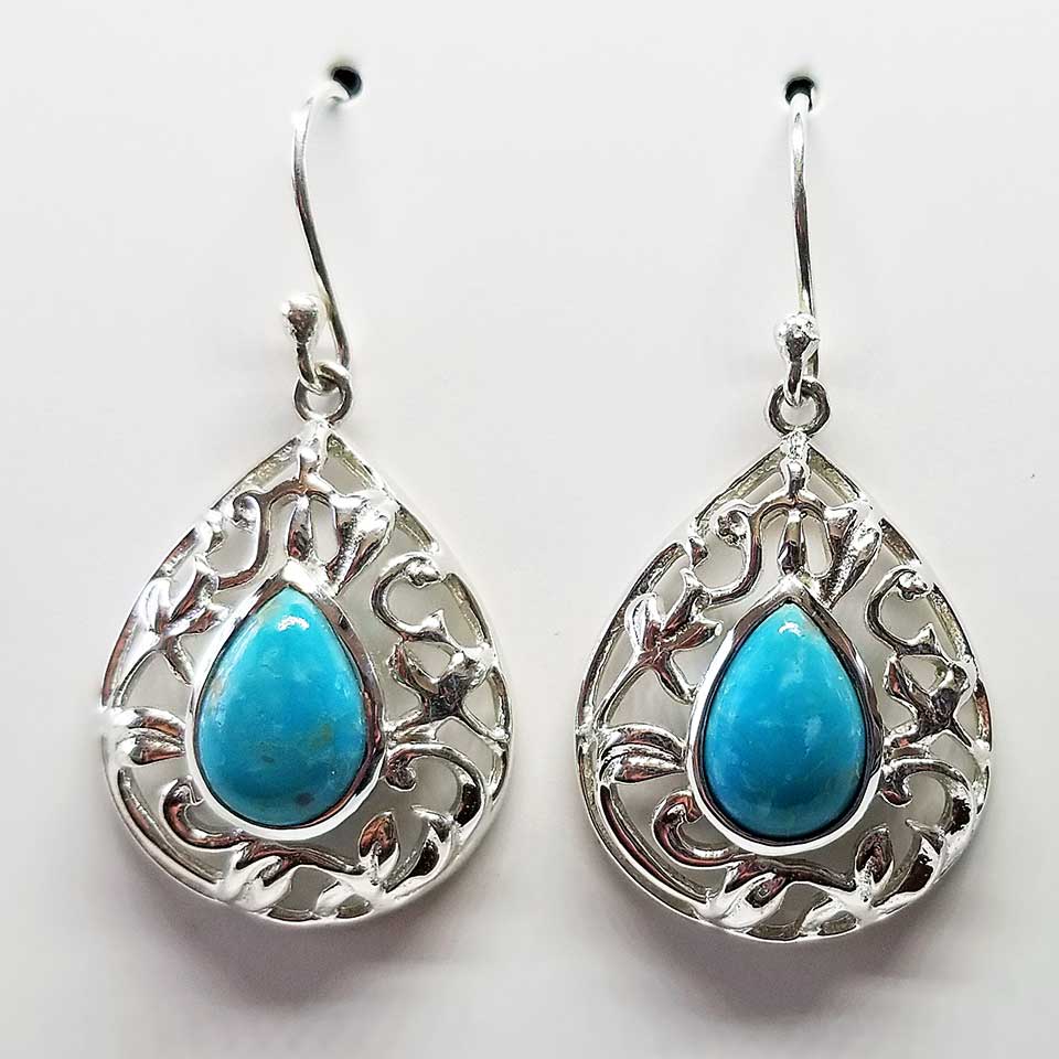 Silver Filigree Raindrop Earrings with Turquoise Center Stone