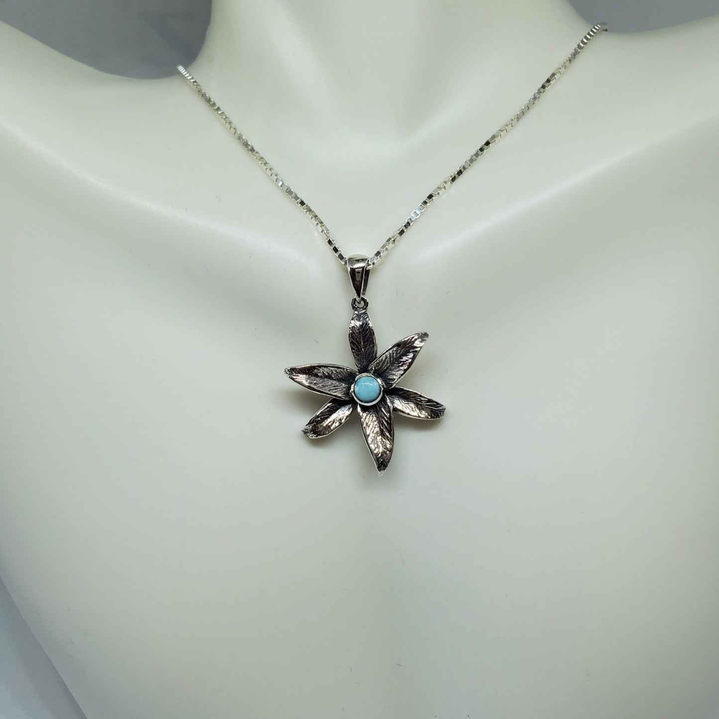 Plumeria Flower Pendant with Larimar center stone