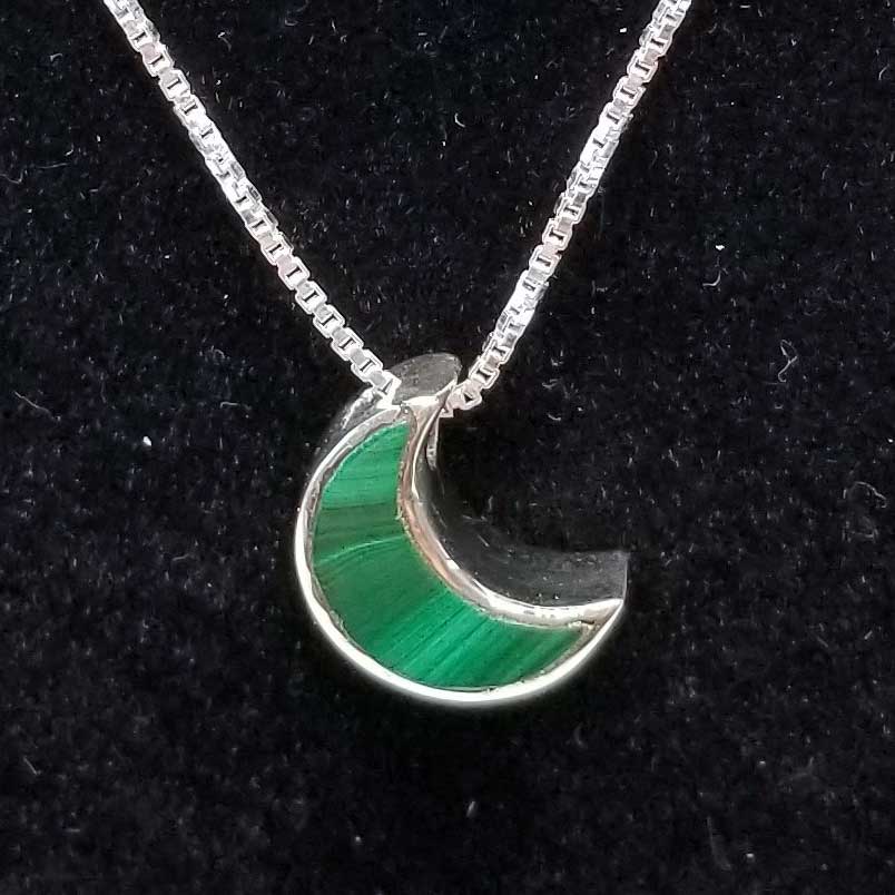 Minimalist Natural Moon Malachite Pendant with 20" Silver Chain