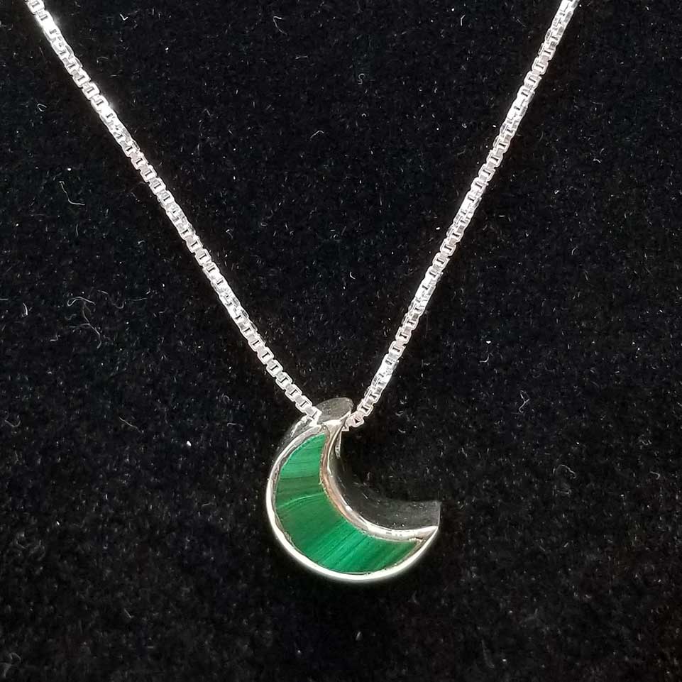 Minimalist Natural Moon Malachite Pendant with 20" Silver Chain