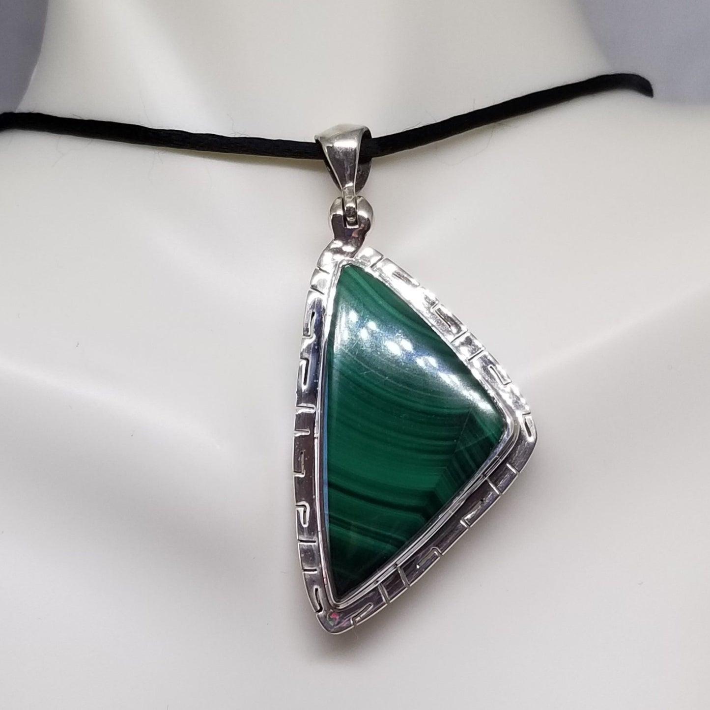 Malachite Pendant with Black Silk Cord