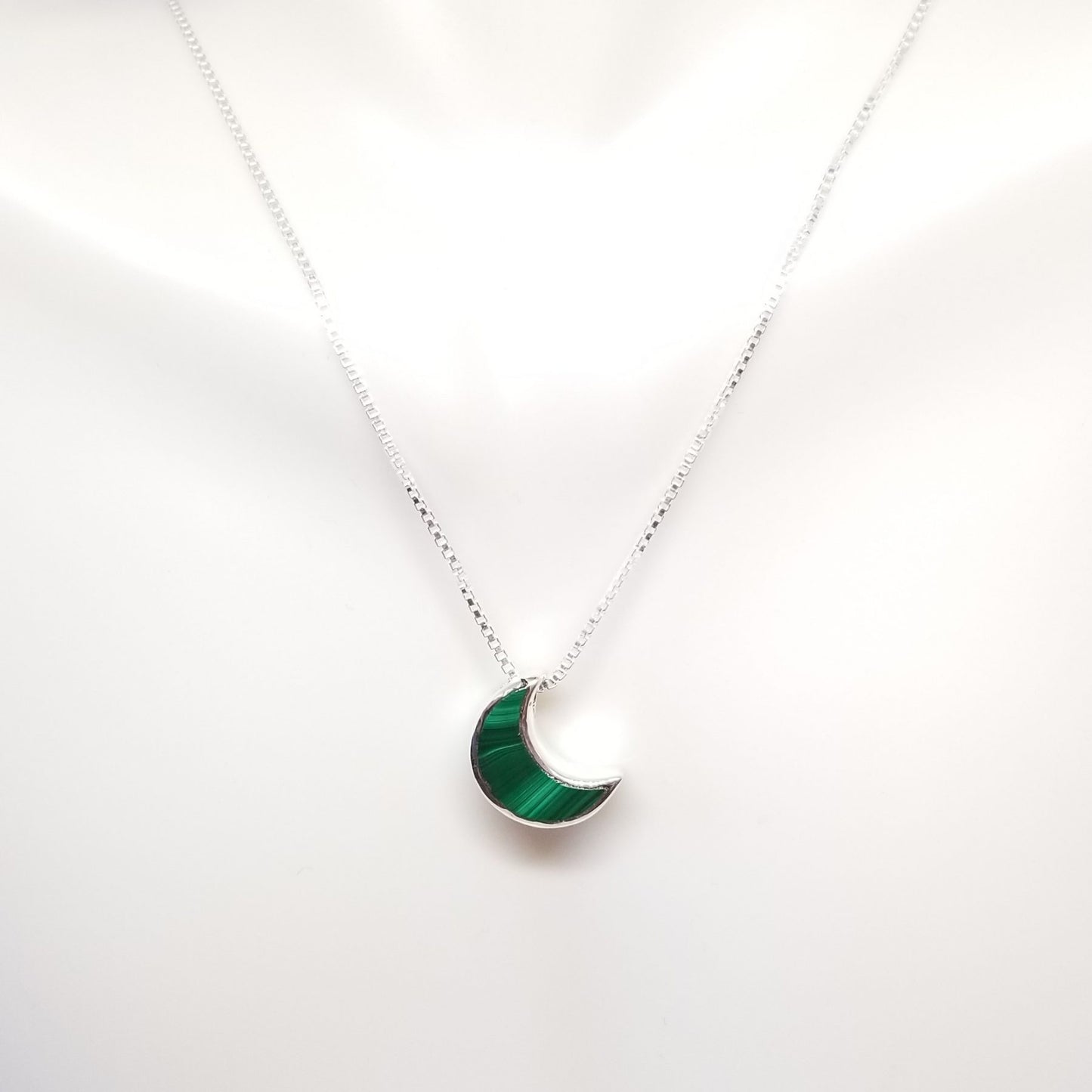 Minimalist Natural Moon Malachite Pendant with 20" Silver Chain