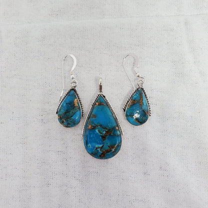 Matrix Turquoise Teardrop Sterling Silver Pendant and Earrings Gift Set